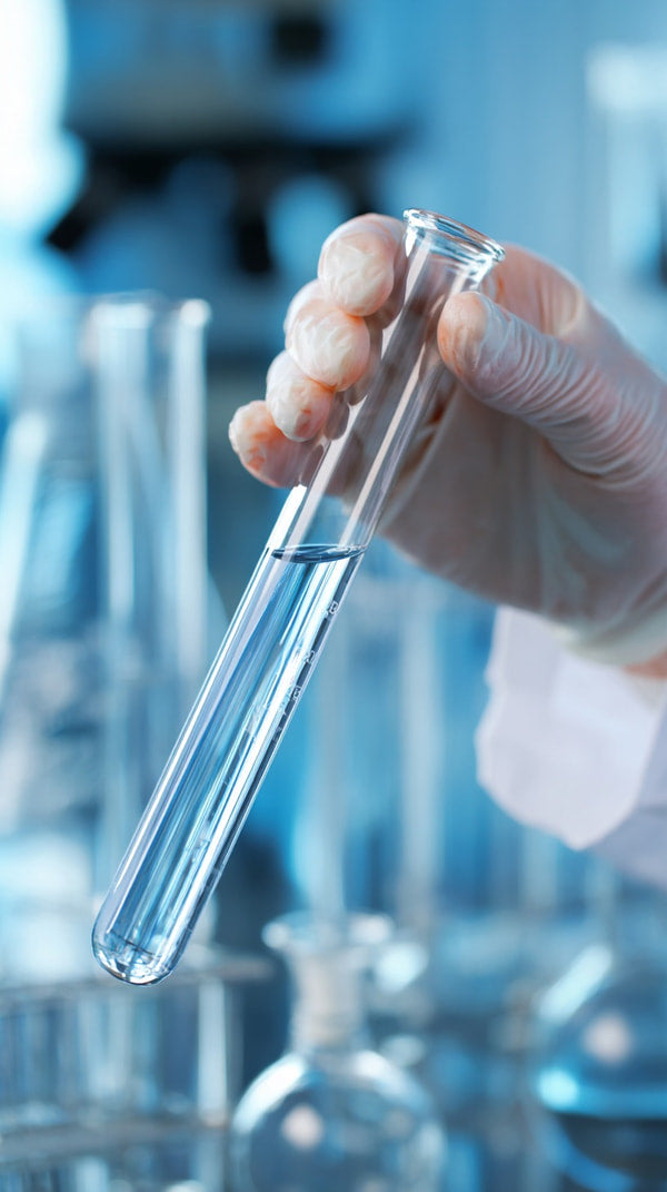 A Scientist Holds A Clear Glass Test Tube In A Laboratory Setting Surrounded By Various Beakers And Flasks On A Table — Stock Photo