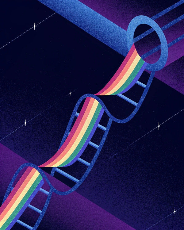 Colorful Double Helix Of A Rainbow Colored Dna Molecule Against A Dark Background With A Starry Sky And A Purple Hue — Stock Illustration