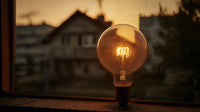 A Glowing Lightbulb Sits In A Window Casting A Warm Glow Against The Backdrop Of A House And A Skyline During Sunset — Stock Photo