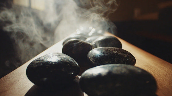 A Collection Of Black Rocks Displayed On A Wooden Table With Steam Rising From Them Creating An Atmospheric Scene — Stock Photo