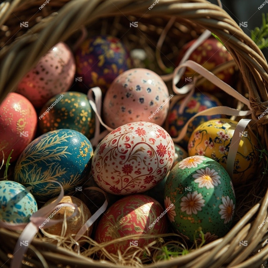 Colorful Easter Eggs In A Woven Basket — Stock Photo