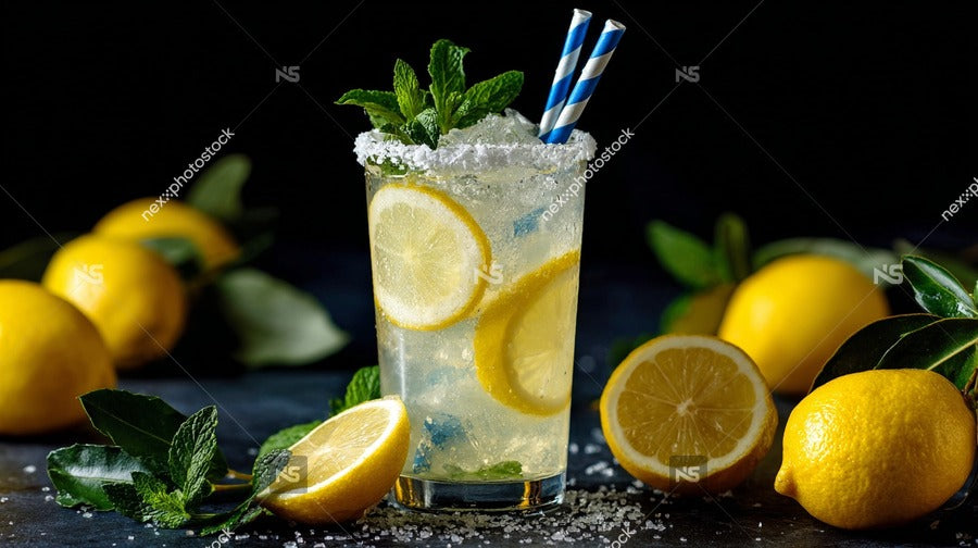 A Refreshing Glass Of Lemonade Garnished With Fresh Mint And Lemon Slices Served On A Table Surrounded By Whole Lemons And Limes — Stock Photo