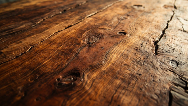 Aged Wooden Table Top With Visible Cracks And Knots Showcasing Its Natural Texture And History — Stock Photo