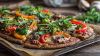 A Tray Of Homemade Pizzas With Various Toppings Including Broccoli And Mushrooms On A Wooden Table — Stock Photo