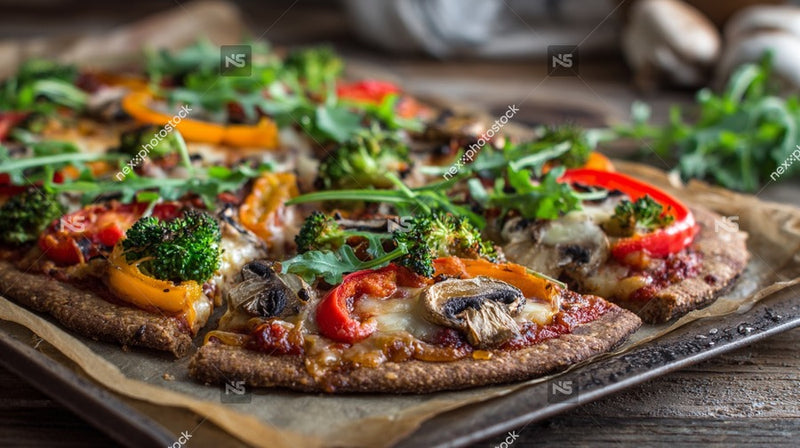 A Tray Of Homemade Pizzas With Various Toppings Including Broccoli And Mushrooms On A Wooden Table — Stock Photo