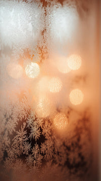 Frosted Glass Window With Snowflake Design Close Up View From Inside Looking Out Warm Lighting Illuminating The Patterned Glass — Stock Photo