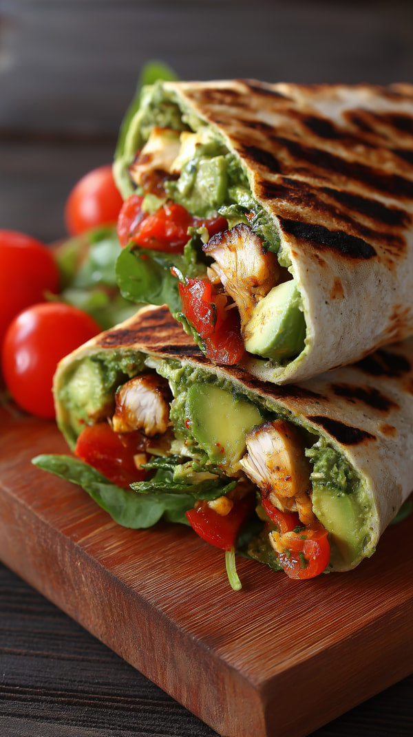 Displays A Close Up View Of A Grilled Chicken Wrap On A Wooden Cutting Board — Stock Photo