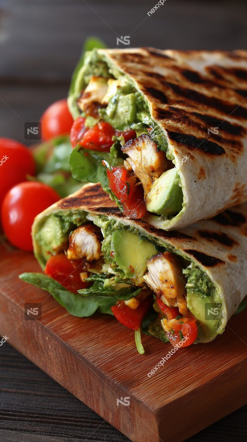Displays A Close Up View Of A Grilled Chicken Wrap On A Wooden Cutting Board — Stock Photo