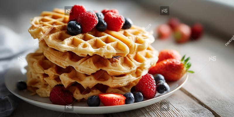 A Stack Of Golden Brown Waffles Topped With Fresh Berries Placed On A White Plate — Stock Photo