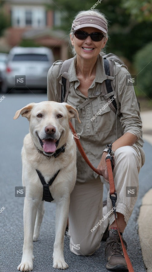 A Woman Stands Next To A Tan Colored Dog On A Leash Both Positioned On A Street — Stock Photo