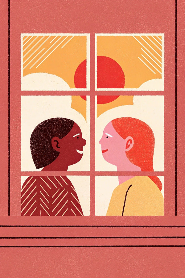 Two People In A Room One Woman And One Man Engaged In Conversation Through An Open Window — Stock Illustration