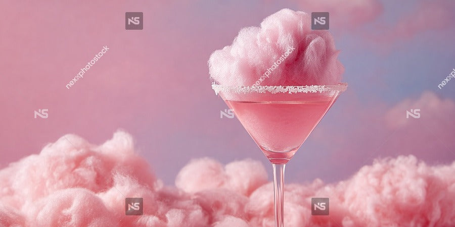 A Martini Glass Filled With Pink Fluffy Clouds Against A Backdrop Of Pink Fluffy Clouds — Stock Photo
