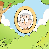 A Cartoon Illustration A Man S Portrait Within An Oval Frame Set Against A Background That Includes A Tree And A Blue Sky — Stock Vector