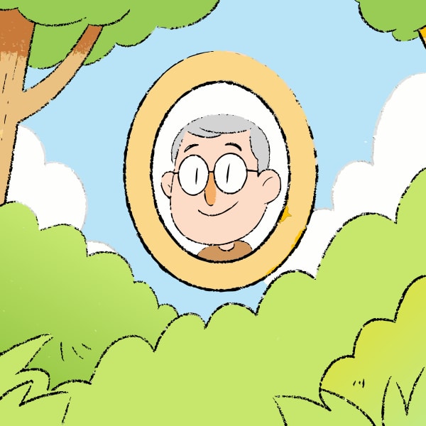 A Cartoon Illustration A Man S Portrait Within An Oval Frame Set Against A Background That Includes A Tree And A Blue Sky — Stock Vector