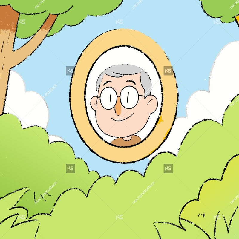 A Cartoon Illustration A Man S Portrait Within An Oval Frame Set Against A Background That Includes A Tree And A Blue Sky — Stock Vector