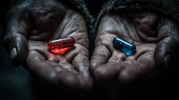 A Close Up Photograph Two Hands Holding Red And Blue Pills With A Person S Face Visible In The Background — Stock Photo