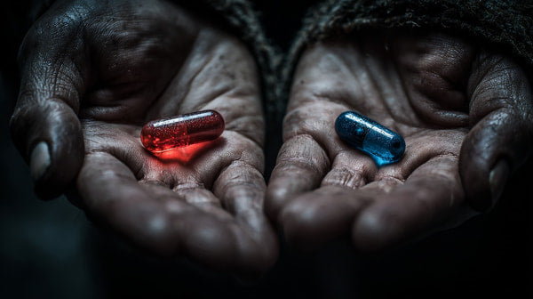 A Close Up Photograph Two Hands Holding Red And Blue Pills With A Person S Face Visible In The Background — Stock Photo
