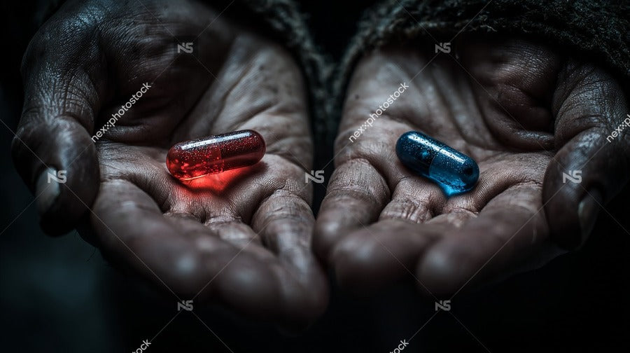 A Close Up Photograph Two Hands Holding Red And Blue Pills With A Person S Face Visible In The Background — Stock Photo