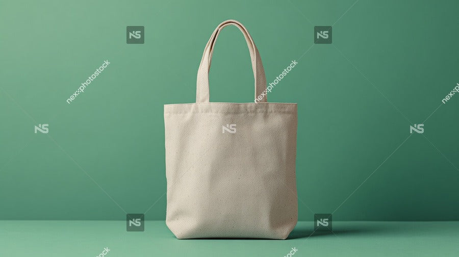 A Beige Canvas Tote Bag With A White Handle Set Against A Green Background — Stock Photo
