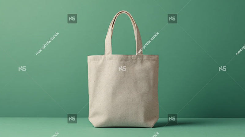 A Beige Canvas Tote Bag With A White Handle Set Against A Green Background — Stock Photo