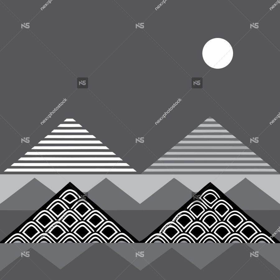 Abstract Art A Mountain Range Under A Full Moon With A Stylized Design That Includes Geometric Shapes And Lines — Stock Vector