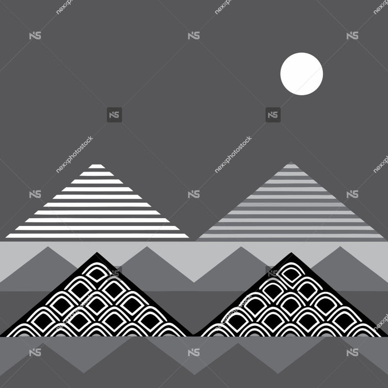 Abstract Art A Mountain Range Under A Full Moon With A Stylized Design That Includes Geometric Shapes And Lines — Stock Vector