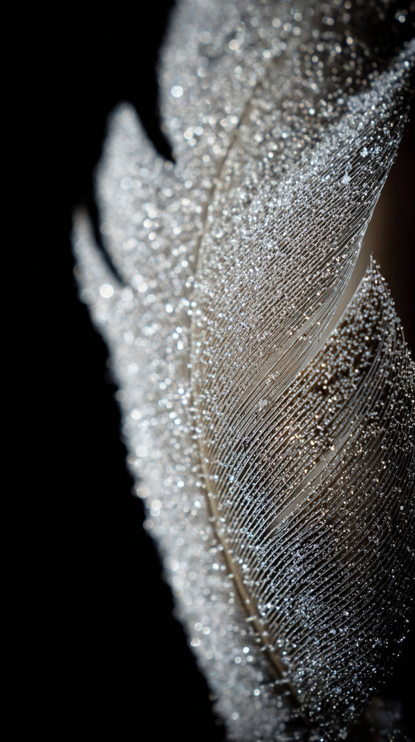 Close Up Of A Feather Adorned With Droplets Of Water Captured From A Top View Angle Against A Dark Background — Stock Photo