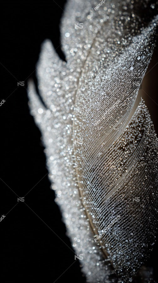 Close Up Of A Feather Adorned With Droplets Of Water Captured From A Top View Angle Against A Dark Background — Stock Photo