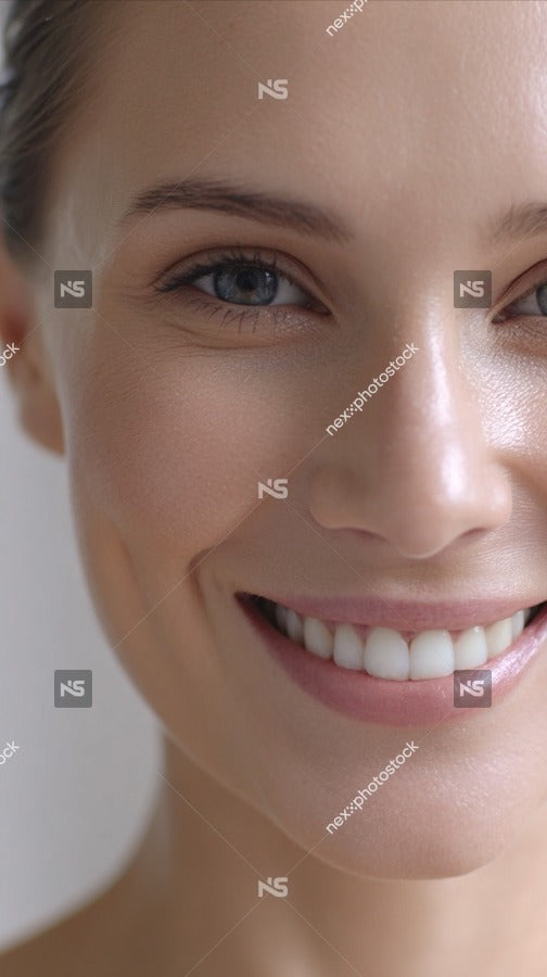Close Up Of A Woman With A Radiant Smile Showcasing Her Youthful Appearance And Clear Skin — Stock Photo