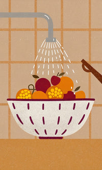 A Sink Filled With Water And A Variety Of Fruits Including Oranges And Apples Is Being Washed Under A Faucet — Stock Illustration