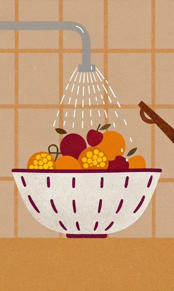 A Sink Filled With Water And A Variety Of Fruits Including Oranges And Apples Is Being Washed Under A Faucet — Stock Illustration