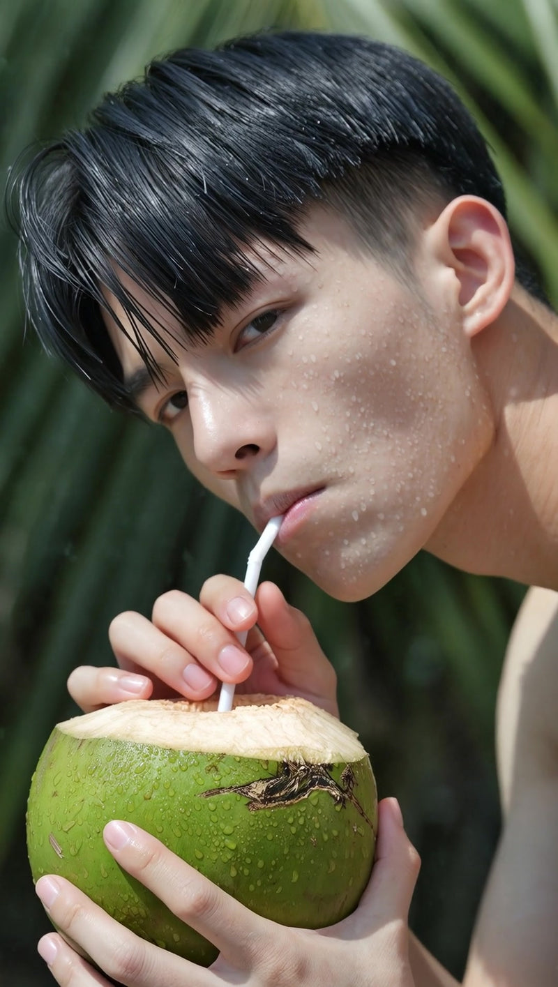 a young man drinking from a coconut shell with a straw in his hand - Stock Video