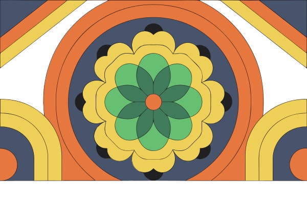 Colorful Ceiling Decoration With Intricate Patterns And Designs A Central Circular Motif Surrounded By Smaller Floral Elements Set Against A Dark Background — Stock Vector
