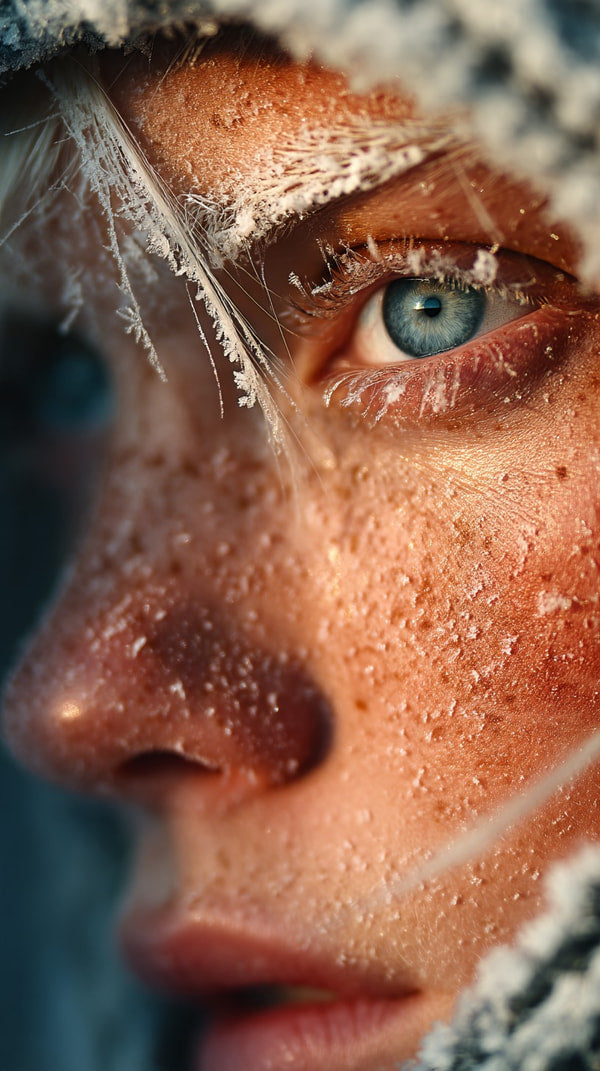 Woman With Snowflakes On Her Face And A Fur Lined Hoodie Looking Into The Camera — Stock Photo