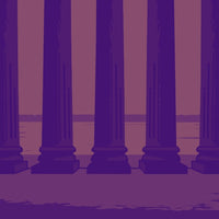 Showcases A Classical Architectural Scene Three Tall Columns Standing Side By Side Against A Purple Background — Stock Vector