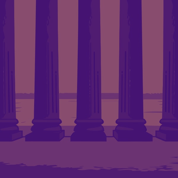 Showcases A Classical Architectural Scene Three Tall Columns Standing Side By Side Against A Purple Background — Stock Vector
