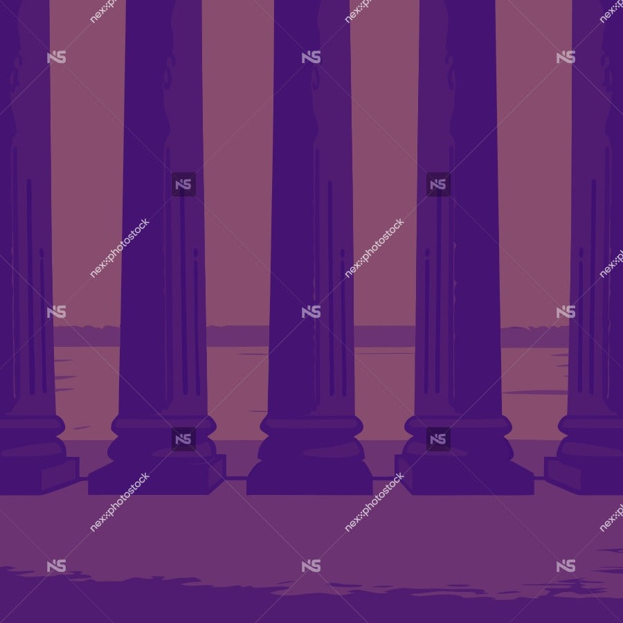 Showcases A Classical Architectural Scene Three Tall Columns Standing Side By Side Against A Purple Background — Stock Vector