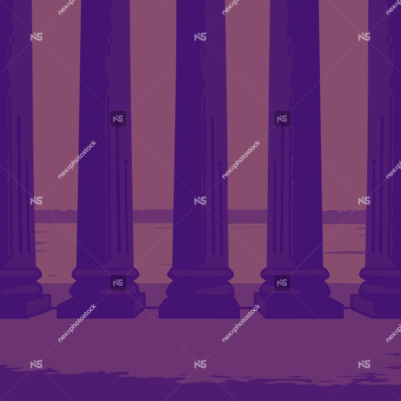 Showcases A Classical Architectural Scene Three Tall Columns Standing Side By Side Against A Purple Background — Stock Vector
