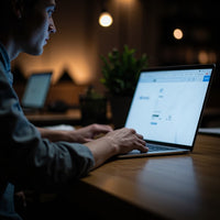 A Man Is Seated At A Desk Typing On A Laptop Computer In A Dimly Lit Room At Night — Stock Photo