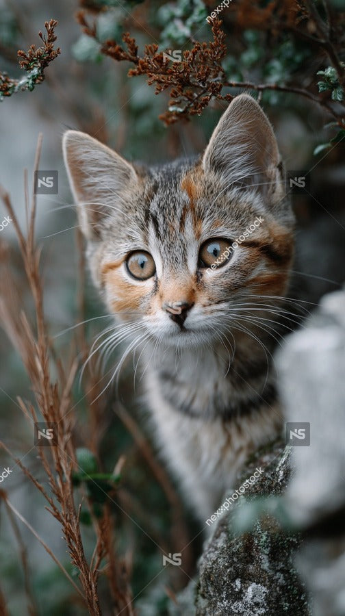 A Small Kitten Peering Out From A Rocky Ledge Surrounded By Lush Greenery And Foliage — Stock Photo