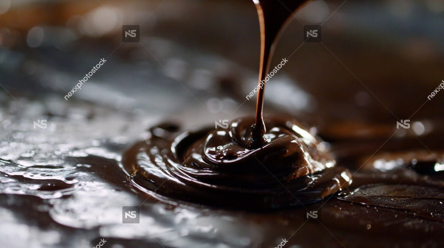 Displays A Close Up View Of A Chocolate Syrup Being Poured From A Bottle Into A Pool Of Melted Chocolate On A Surface — Stock Photo