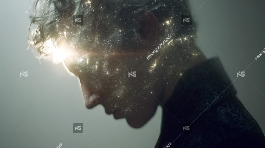 A Cosmic Portrait Of A Person With A Starry Sky Effect Over Their Head Set Against A Dark Background — Stock Photo