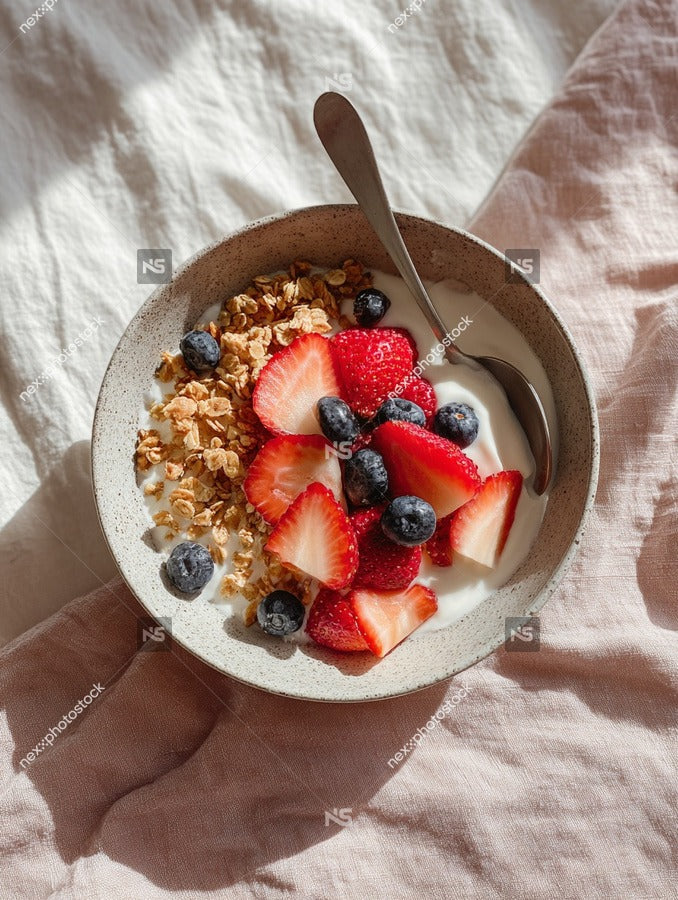 A Bowl Of Granola With Berries Topped With A Dollop Of Yogurt Served On A Wooden Table — Stock Photo