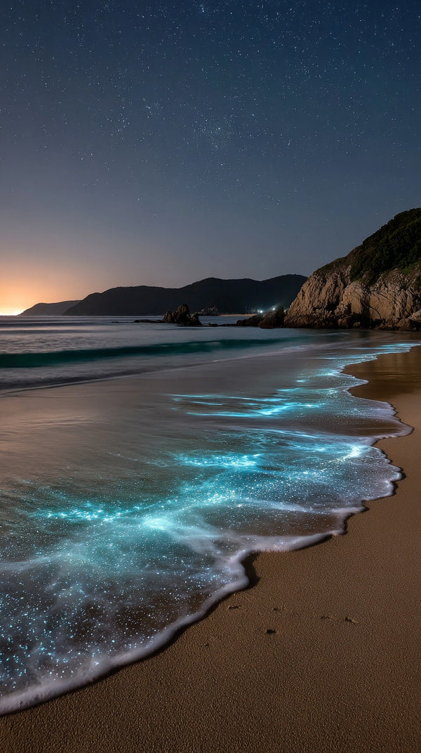 Captures A Serene Night Scene At A Beach Where The Glow Of The Sea Is The Focal Point — Stock Photo