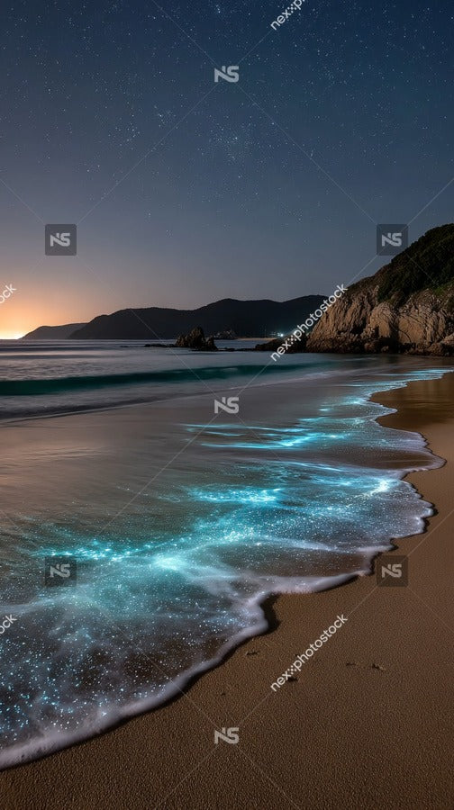 Captures A Serene Night Scene At A Beach Where The Glow Of The Sea Is The Focal Point — Stock Photo