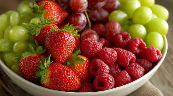 A Bowl Of Fresh Fruits Including Strawberries Grapes And Melons Displayed On A Table — Stock Photo