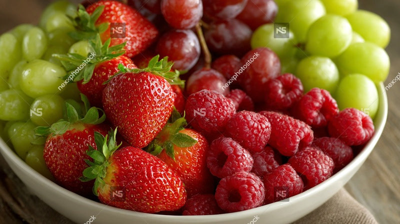 A Bowl Of Fresh Fruits Including Strawberries Grapes And Melons Displayed On A Table — Stock Photo