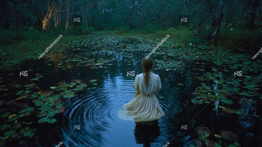 A Solitary Individual Wading Through A Swampy Area Surrounded By Lily Pads And Vegetation With A Serene Backdrop Of A Night Sky — Stock Photo