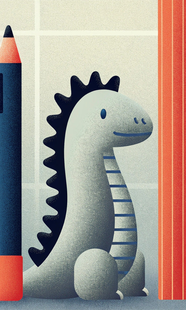 A Cartoon Depiction Of A Dinosaur Toy Sitting In Front Of A Classroom Window With A Pencil And Eraser On The Windowsill — Stock Illustration
