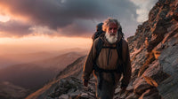 an elderly man hikes through a mountainous landscape during sunset with a sky and rocky terrain - Stock Video